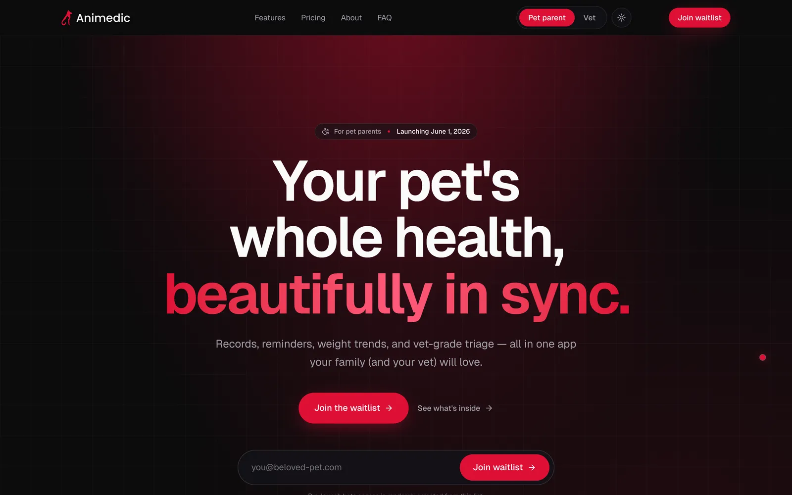 Animedic homepage: “Your pet's whole health, beautifully in sync” in white and red over a dark gridded hero.