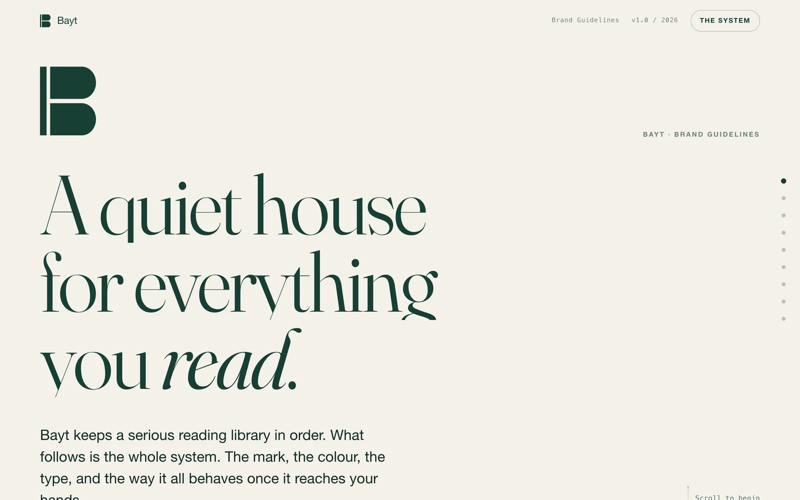 Bayt brand guidelines cover: the bookplate B mark above the serif headline “A quiet house for everything you read” on vellum.
